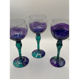 VTG Euro Glass Wine Glass Mouth Blown Multicolored Hand Painted 7.5x3” Set Of 3